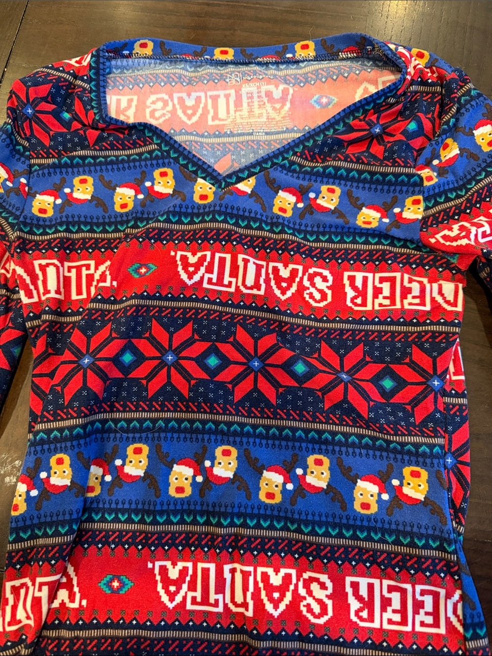 No Boundaries Red Blue Holiday Santa Pattern Long Sleeve Top